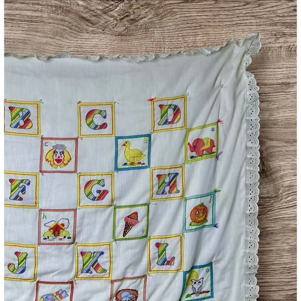 Vintage Hand Embroidered Blanket Baby Blanket Wall Decor Alphabet Patch Work